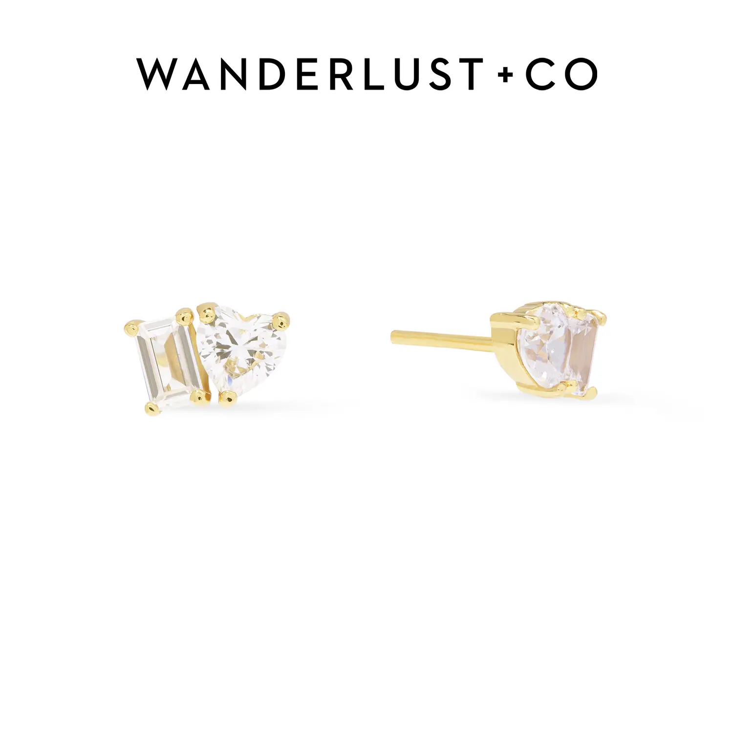 Wanderlust + Co Heart Baguette Duo Stud Earrings 14K Gold Plated Hypoallergenic Jewelry Shower-safe
