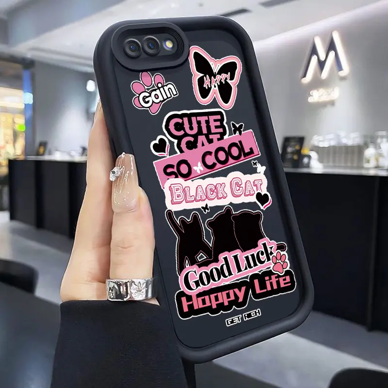 Casing Hp Untuk OPPO A5 A3s A12E Realme C1 Case Hp Pola Kucing Hitam Kartun Cesing Silikon lembut Casing Anti guncangan Kasing pelindung Kesing Softcase