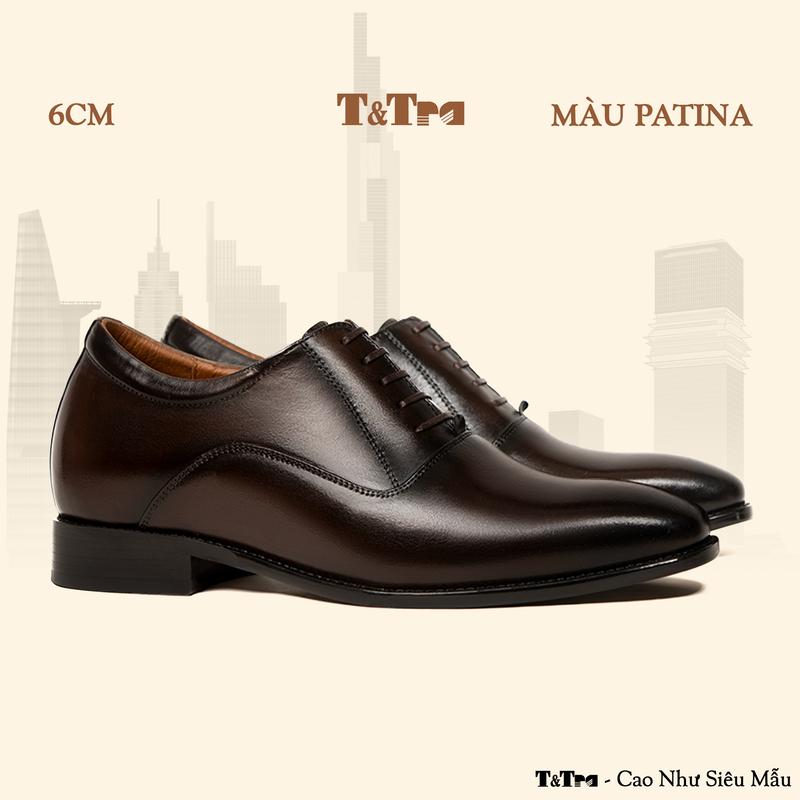 [ 6CM ] Giày Cao Nam T&Tra A214 Nâu Tối - Đánh Màu Thủ Công Patina