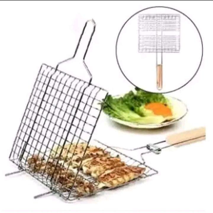 Panggangan Ikan Jumbo Jepit Stainless Jepitan Panggangan Gagang Kayu untuk BBQ dan Grill Serbaguna Kitchenware