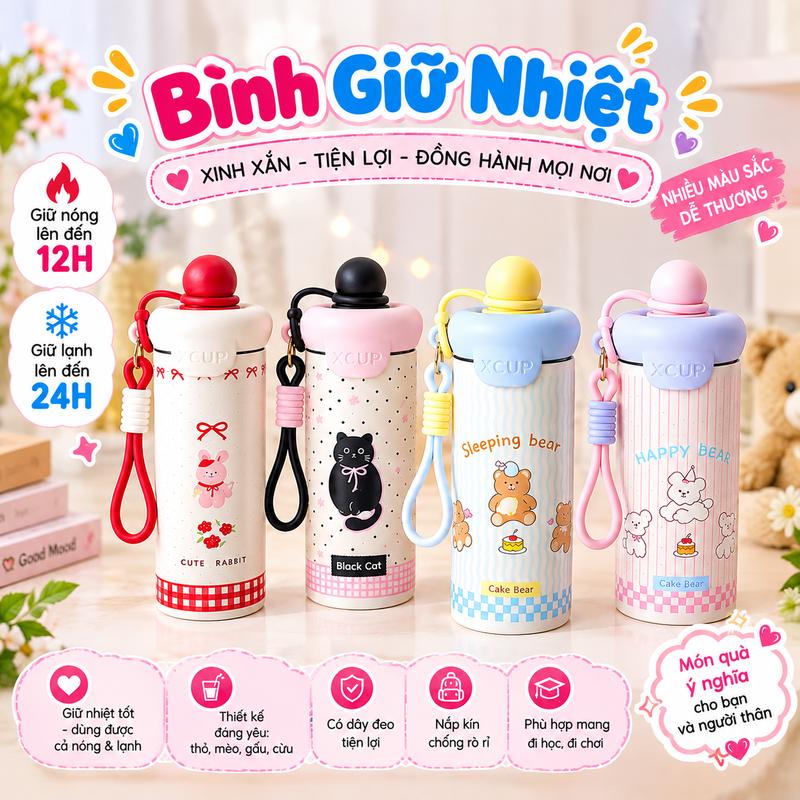 Bình XCUP giữ nhiệt mẫu mới , dung tích 600ml Họa Hiết Dễ Thương, Giữ Nhiệt lâu