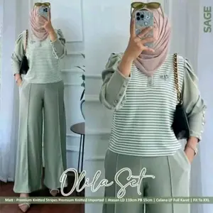 OLILA SET Setelan Wanita Muslim One Set Motif Salur Garis Katun Lembut Nyaman Remaja Dewasa Cantik