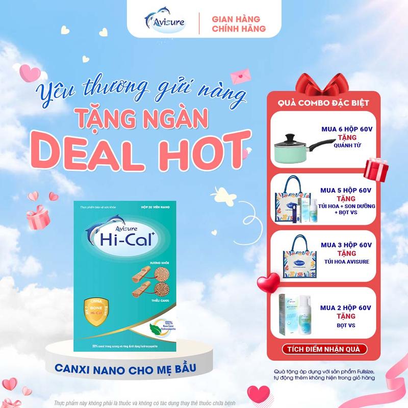 CANXI cho bà bầu Avisure Hical hộp 60v cung cấp Canxi Nano Hydroxyapatite bổ sung canxi giúp hỗ trợ dự phòng thiếu hụt canxi, hỗ trợ xương răng chắc khỏe cho mẹ bầu và sau sinh