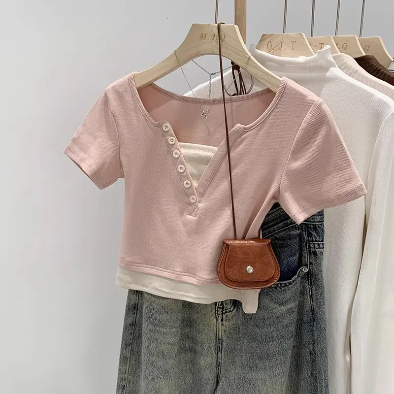 T-shirt stretch lengan crop kerah V berwarna merah muda 0
