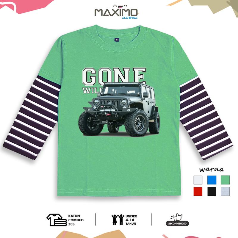 Kaos Baju Anak Gone Wild Car Tangan Panjang Strip Salur Usia 4-12 Tahun Bahan Cotton Combed 4