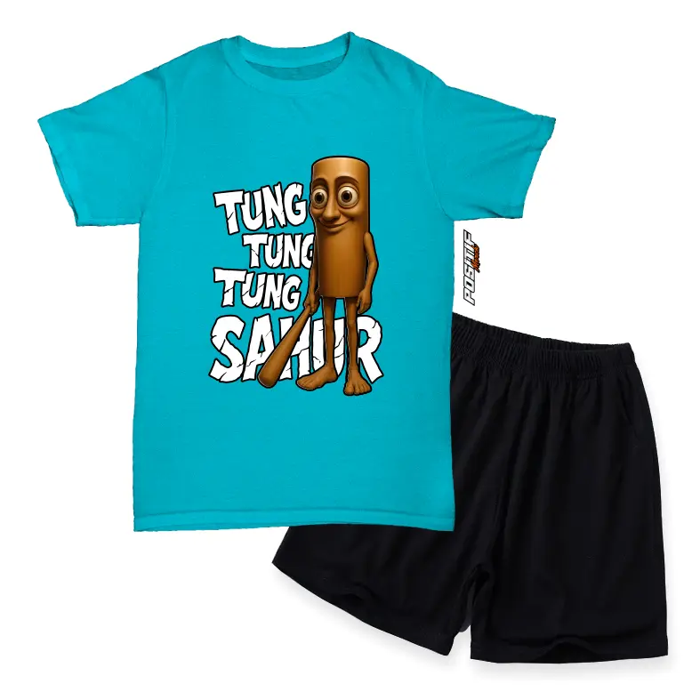 Positif Merch Baju Kaos Anak Setelan Tema Anomali Viral Desain Kartun Tung Tung Tung Sahur Lucu Laki Perempuan 3