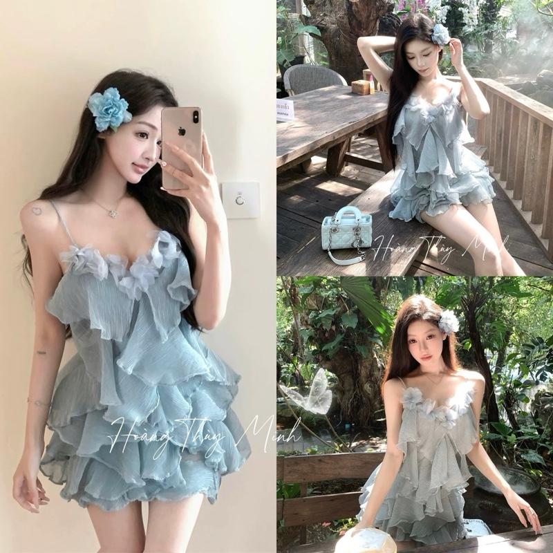 A7-[SALE XÃ KHO] Váy Hoa 2 Dây Xanh Trắng Xếp Bèo Tầng Dịu Dàng Nàng Thơ Xinh Xắn [Tăng Đơ] Phong Cách Pháp, Dự Tiệc, Mùa Hè Đi Biển Thanh Lịch Đẹp Mắt -HoangThuyMinh97