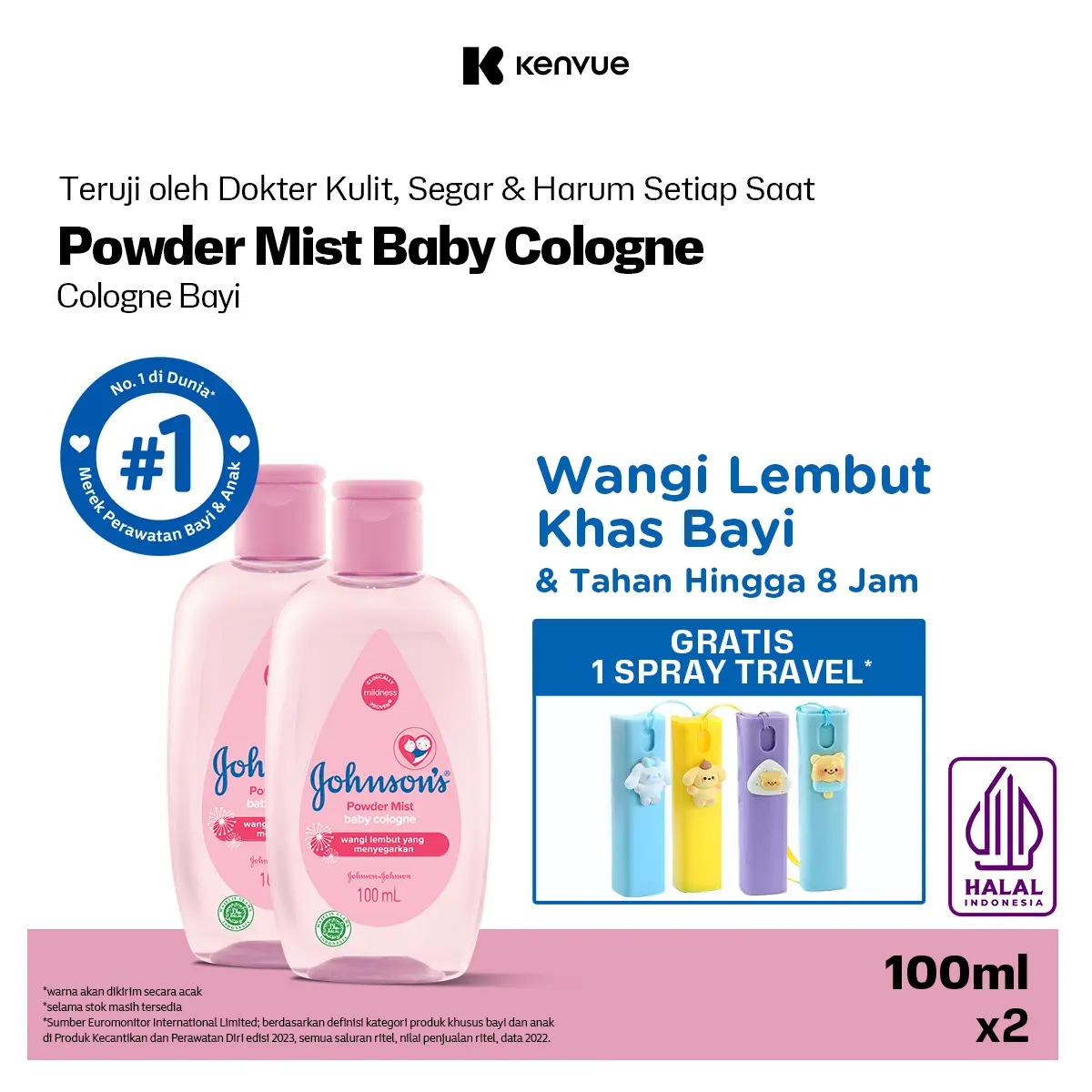JOHNSON'S Powder Mist Baby Cologne 100 ml (PAKET ISI 2) FREE Botol Spray Travel 10ml - Minyak Wangi Bayi