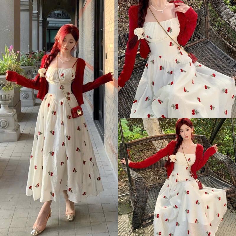 GF67- (Kèm khoác) sét đầm hoa 2S dáng dài có mút ngực kèm áo khoác len mỏng (HP- fressize 38-57kg)