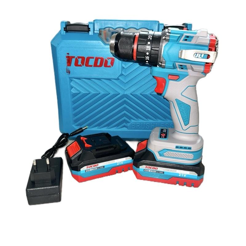  Máy khoan pin tocdo 10mm 3 chức năng  có búa  2 pin 1 sạc động cơ không chổi than chân pin phổ thông 