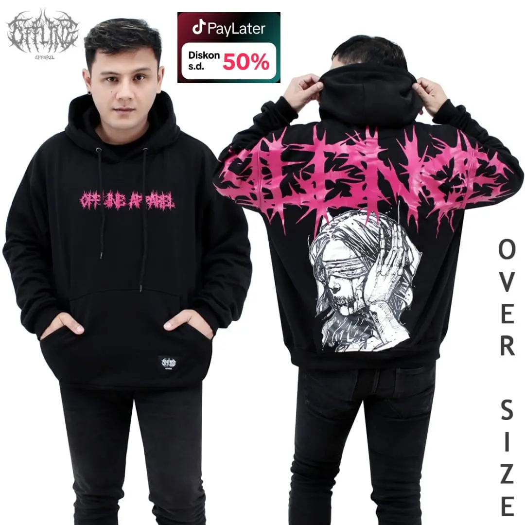 OFFLINE Hoodie Jumper OVERSIZE SILENCE / hoodie cowok cewek tebal ori / hoodie kece aesthetic / hoodie cowok cewek keren / hoodie cowok distro Pria Fleece Sweater  Hitam