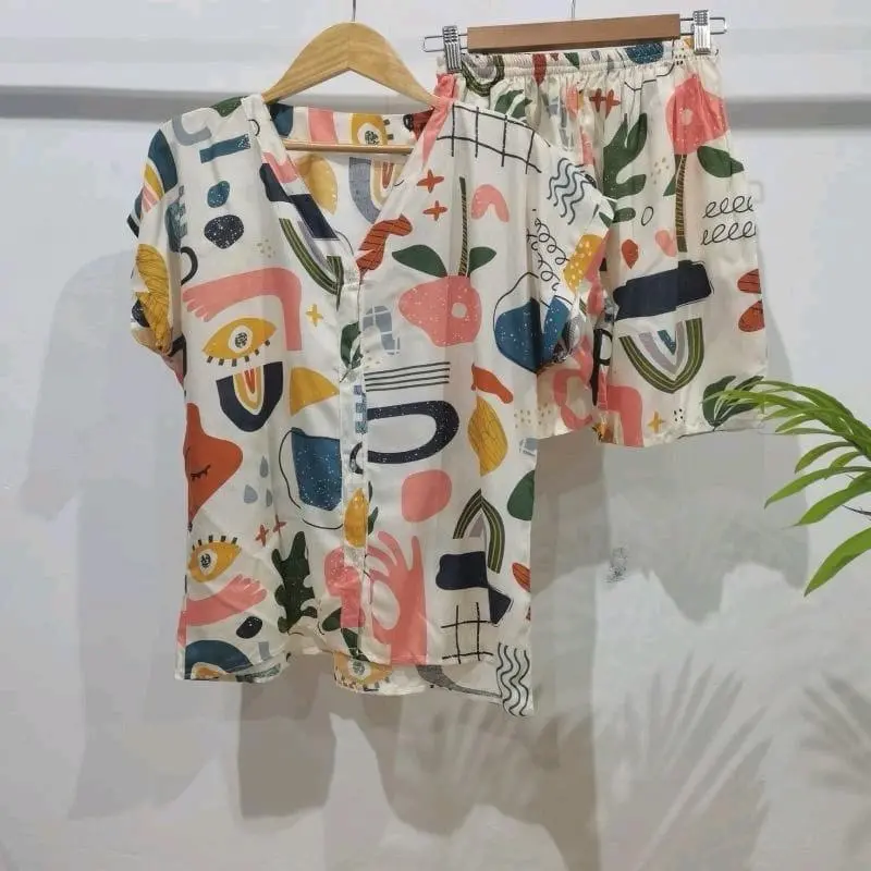PIYAMA RAYON PENDEK | PIYAMA KANCING V-NECK Baju Celana pende 2