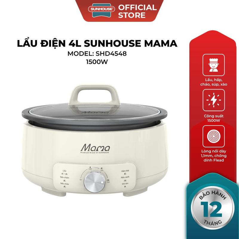 Lẩu điện 4L Sunhouse Mama SHD4548 - 1500W, 5 chức năng - Chống dính Flead 2 lớp - Tự ngắt khi quá nhiệt