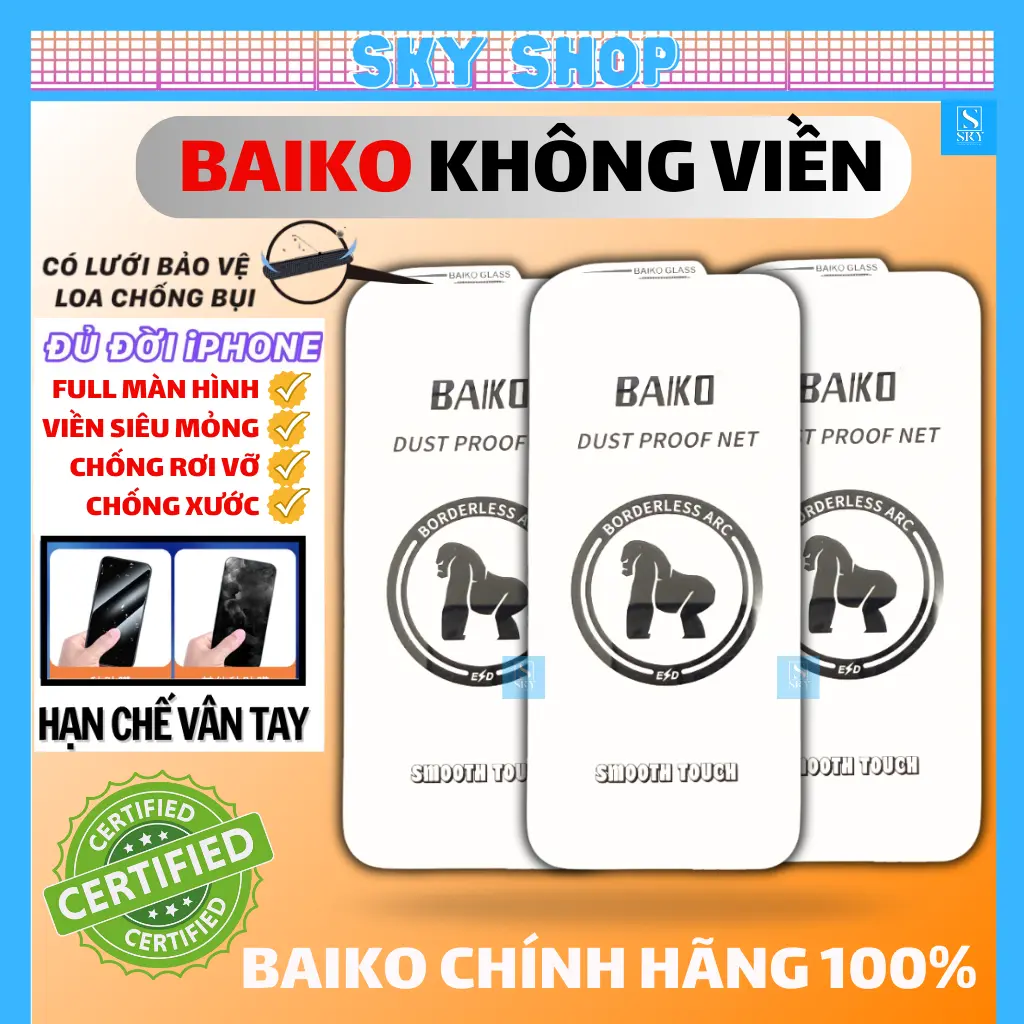 Kính cường lực iphone Baiko không viền Full màn hình cho ip 17 ProMax 16 ProMax 15 14 13 12 11 Pro Max X Xs Xr 17 Air [Baiko Trắng]