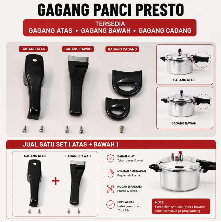 Handle Panci Presto 16-20cm, 22-26cm, 28-32cm || Hendle Atas Bawah dan Cadang Lengkap dengan Baut || 1 SET hendle atas bawah lengkap dengan Baut