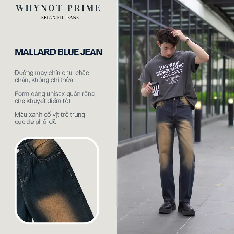 [PHIÊN BẢN CAO CẤP] Quần Jean WHYNOT PRIME 5 Màu | Quần Jean Nam Ống Suông Rộng Mallard Blue Wash Phong Cách Retro JBGWTG 3