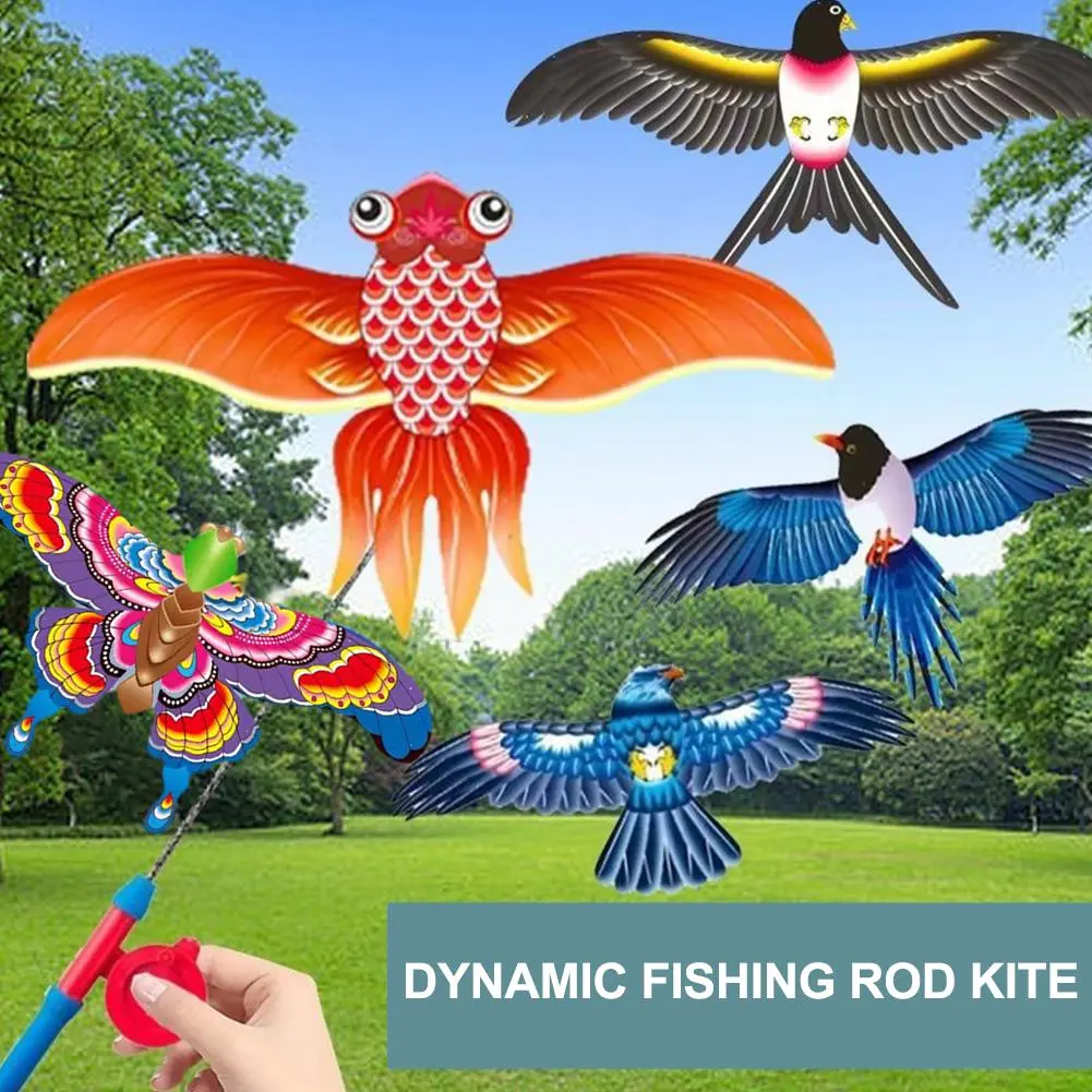 New Fishing Rod Dynamic Kite, Children's Hand-held Kite, 3D Simulation Kite With Shaking Wings