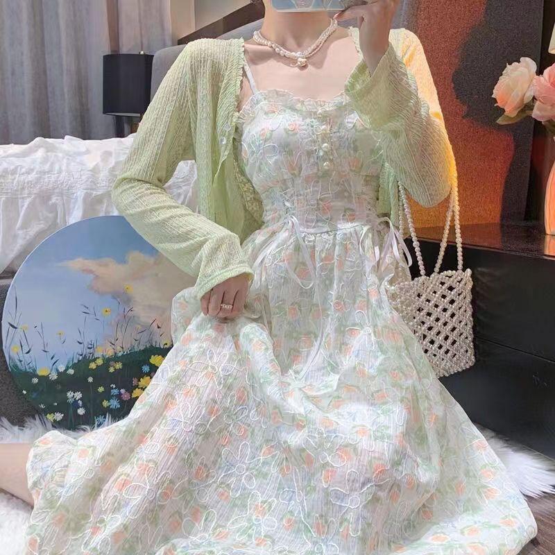 Váy Hai Dây Dài Trung Bình Hoa Mỏng Mùa Hè, Cỡ Lớn Cho Nữ, Bộ Đồ 2 Món, Hàng Mới Về 5