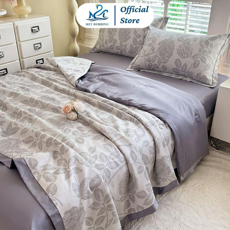 Bộ chăn ga gối LỤA THÁI M2T BEDDING - chăn chần bông mỏng cho mùa hè, ga giường và 2 vỏ gối nằm