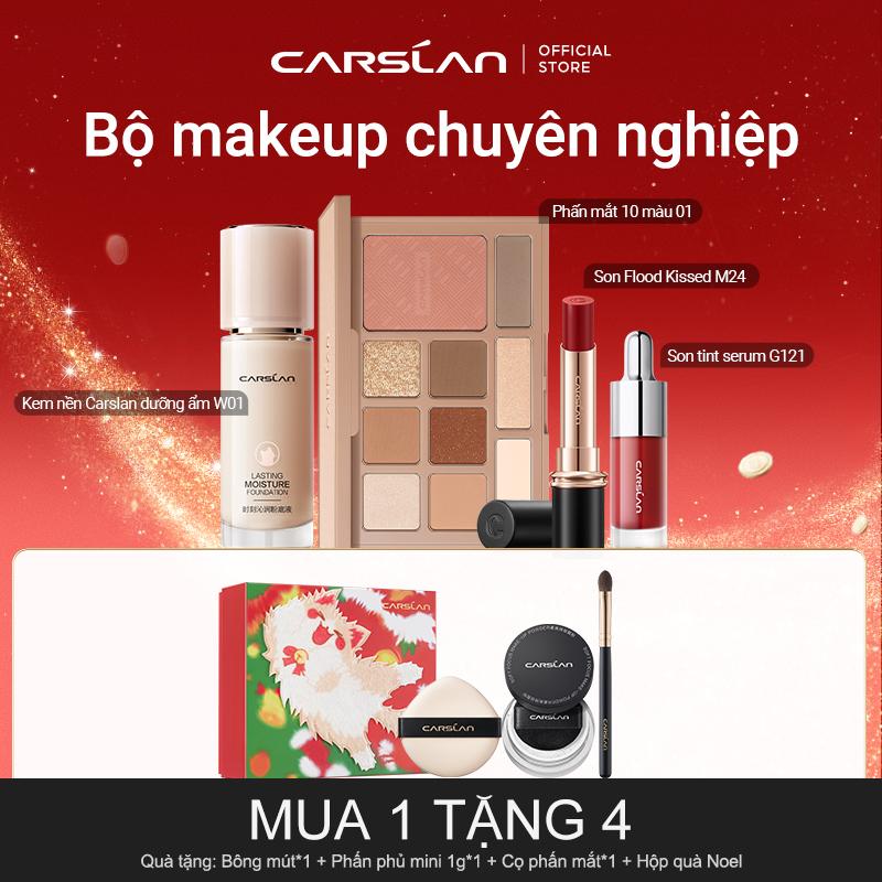 COMBO sản phẩm makeup Carslan cheap moment với MUA Quân Nguyễn Pu Lê - Kem nền Carslan 30ml + Bảng phấn mắt 10 màu 01 12g + Son lì Matte Kissed 3.2g + Son tint serum có màu 4.5g Mua 1 tặng 4 Phấn phủ mini 1g*1+ cọ phấn mắt*1+ bông mút*1+ Hộp quà Noel*1