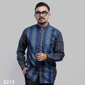 PAKAJI Baju Koko Pria Lengan Panjang Grey Blue Motif Lingkaran Diagonal Vertical Baju Koko 011 F