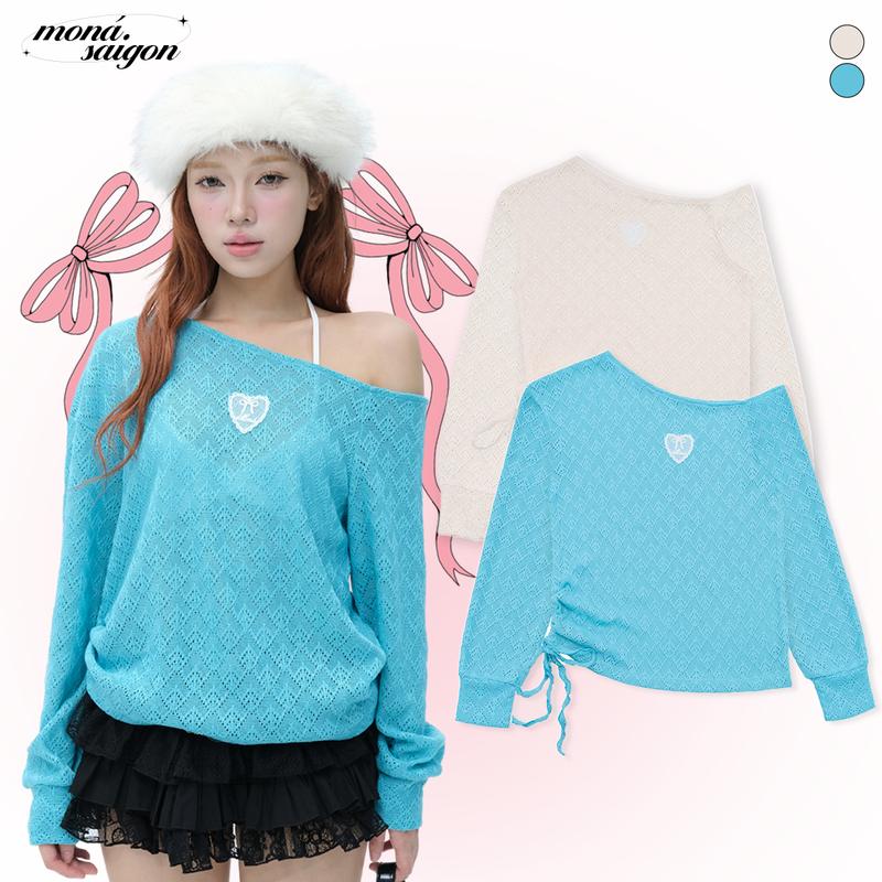 [SUPER DEAL] Áo trễ vai tay dài nữ chất len có dây rút form suôn đính ren MONÁ - DAMI TOP