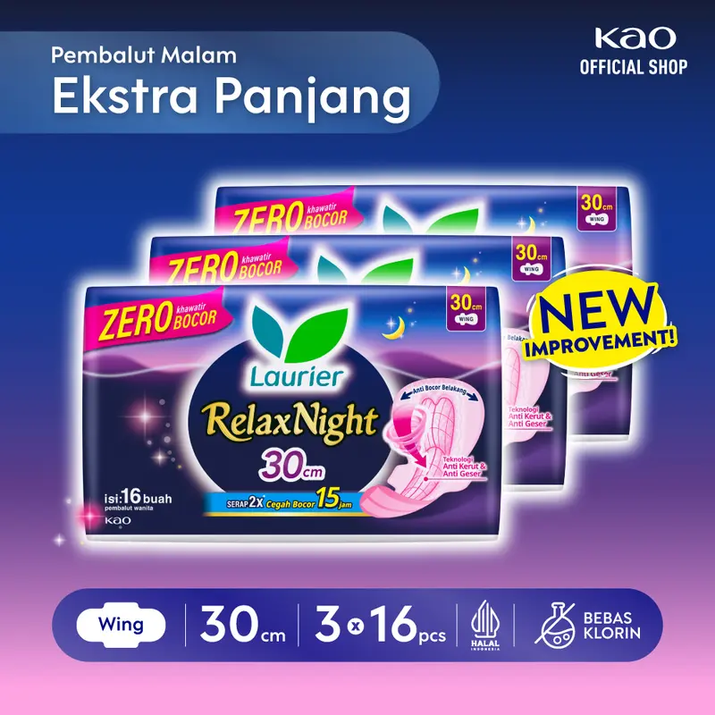 Laurier Relax Night Pembalut Malam Wanita Wing 30 – 16s Triple Pack