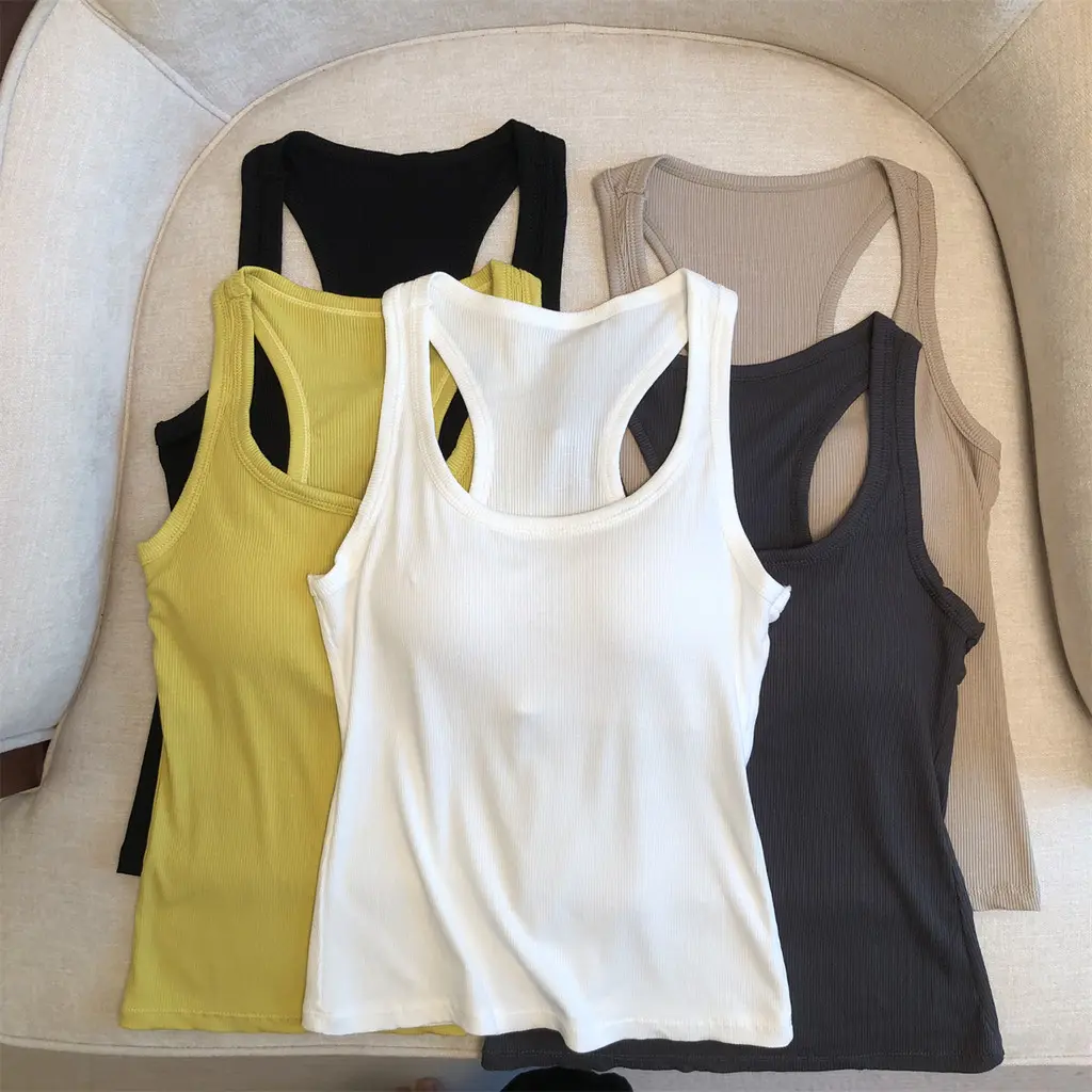 Women Vest with Chest Pads Sleeveless Tank Top Slim Fit Camisole Casual Full Length Sando Top