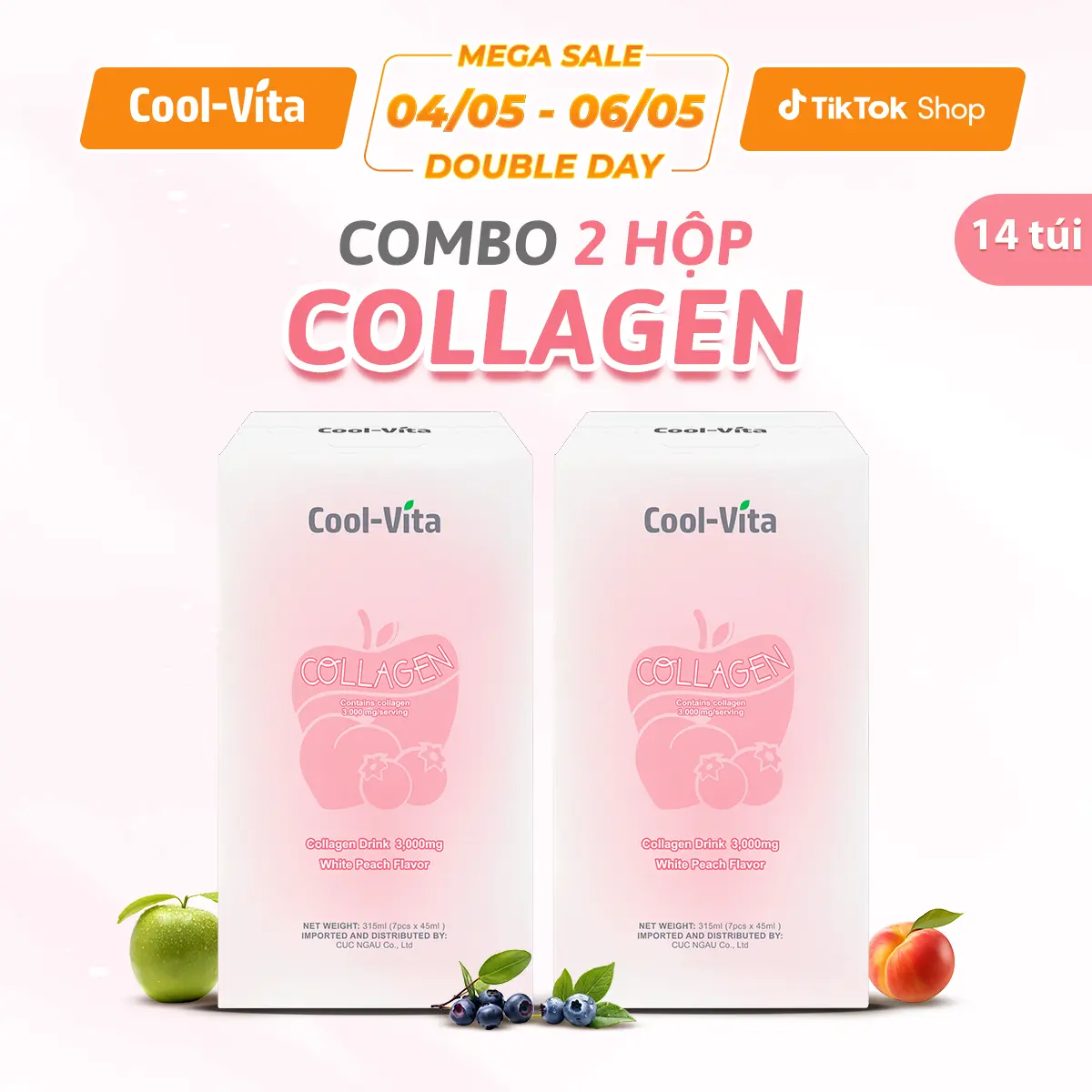 [Live] Combo 2 Hộp Nước Uống Collagen Peptide 3000mg Coolvita Hỗ Trợ Trẻ Hóa Sáng Da, Hỗ Trợ Dưỡng Tóc và Móng Kết Hợp Vitamin B3 (45ml× 7 túi)/hộp