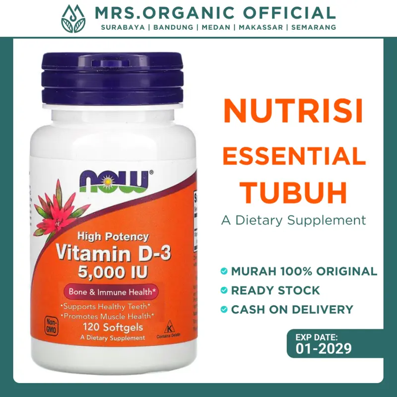 NOW Vitamin D3 5000 IU 120 Kapsul Softgel Mendukung Kesehatan Tulang Gigi & Sistem Imun Tubuh Non GMO Exp 01-2029 1