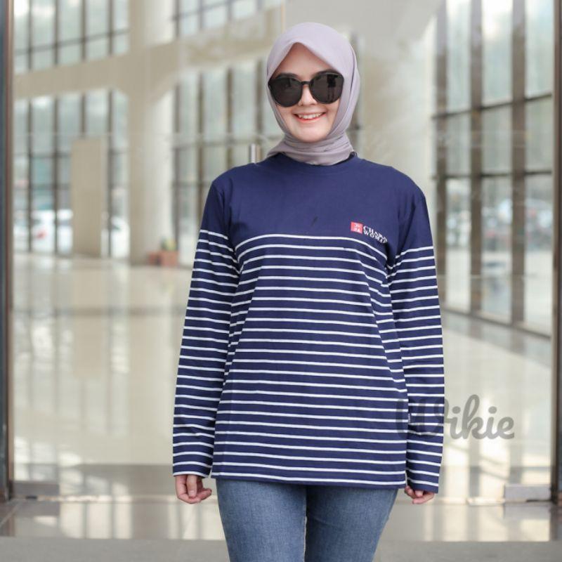 Terlaris Kaos Wanita Salur Lengan Panjang Atasan Wanita Hijab Salur Baju Belang Kaos stripe Wanita Kaos Ootd 2