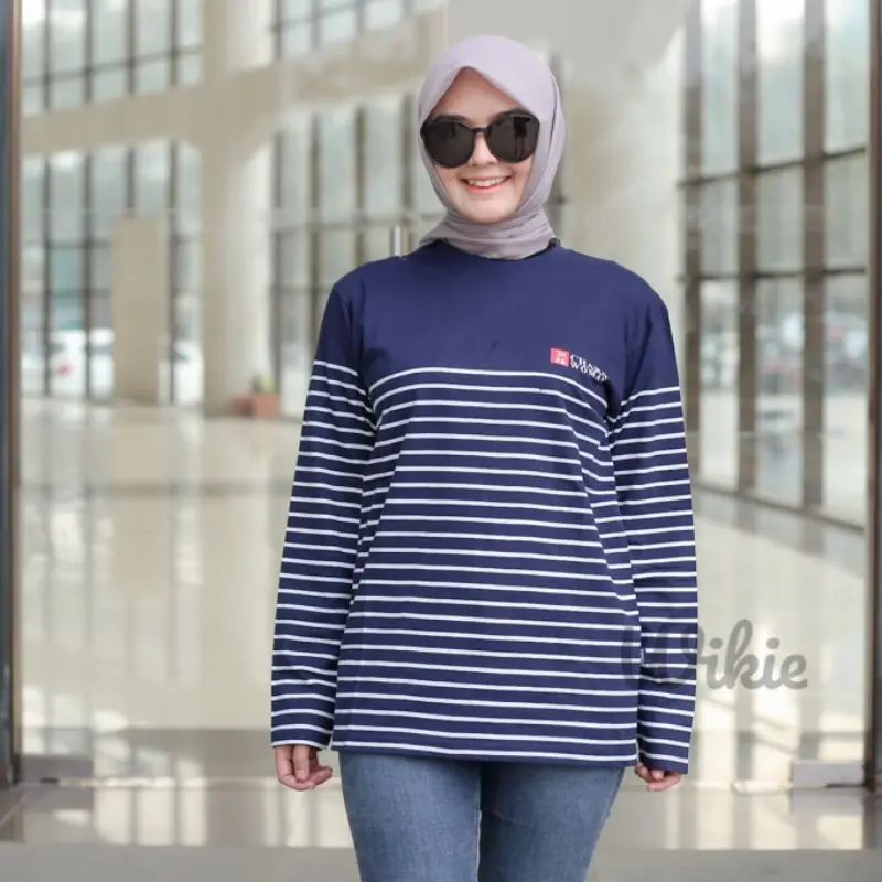Terlaris Kaos Wanita Salur Lengan Panjang Atasan Wanita Hijab Salur Baju Belang Kaos stripe Wanita Kaos Ootd 2