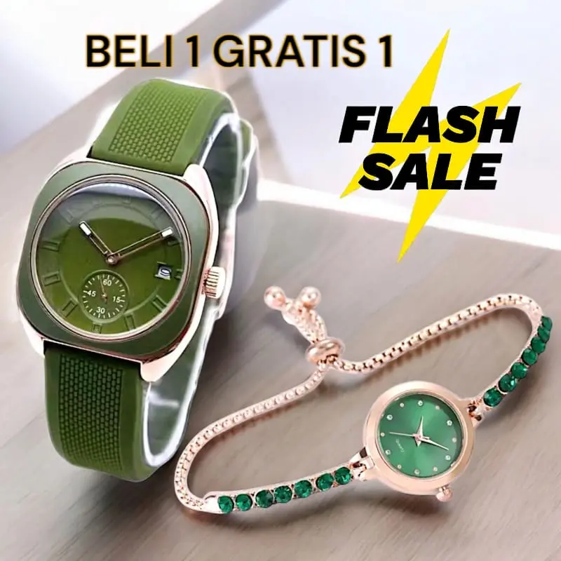 PROMO BELI 1 GRATIS 1 Jam Tangan Wanita Segi Terbaru Tali Rubber Free Jam Gelang Serut Analog Watches 1