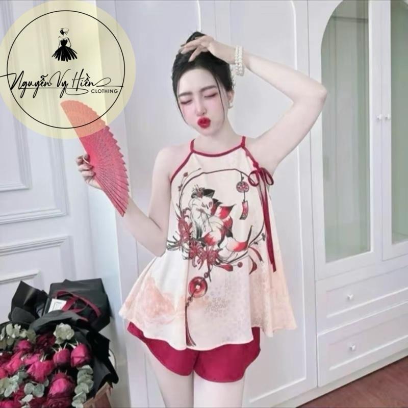 (40-85kg Vừa) Séc đồ bộ áo yếm , chất vải phi lụa (l1) mềm mịn. Nữ