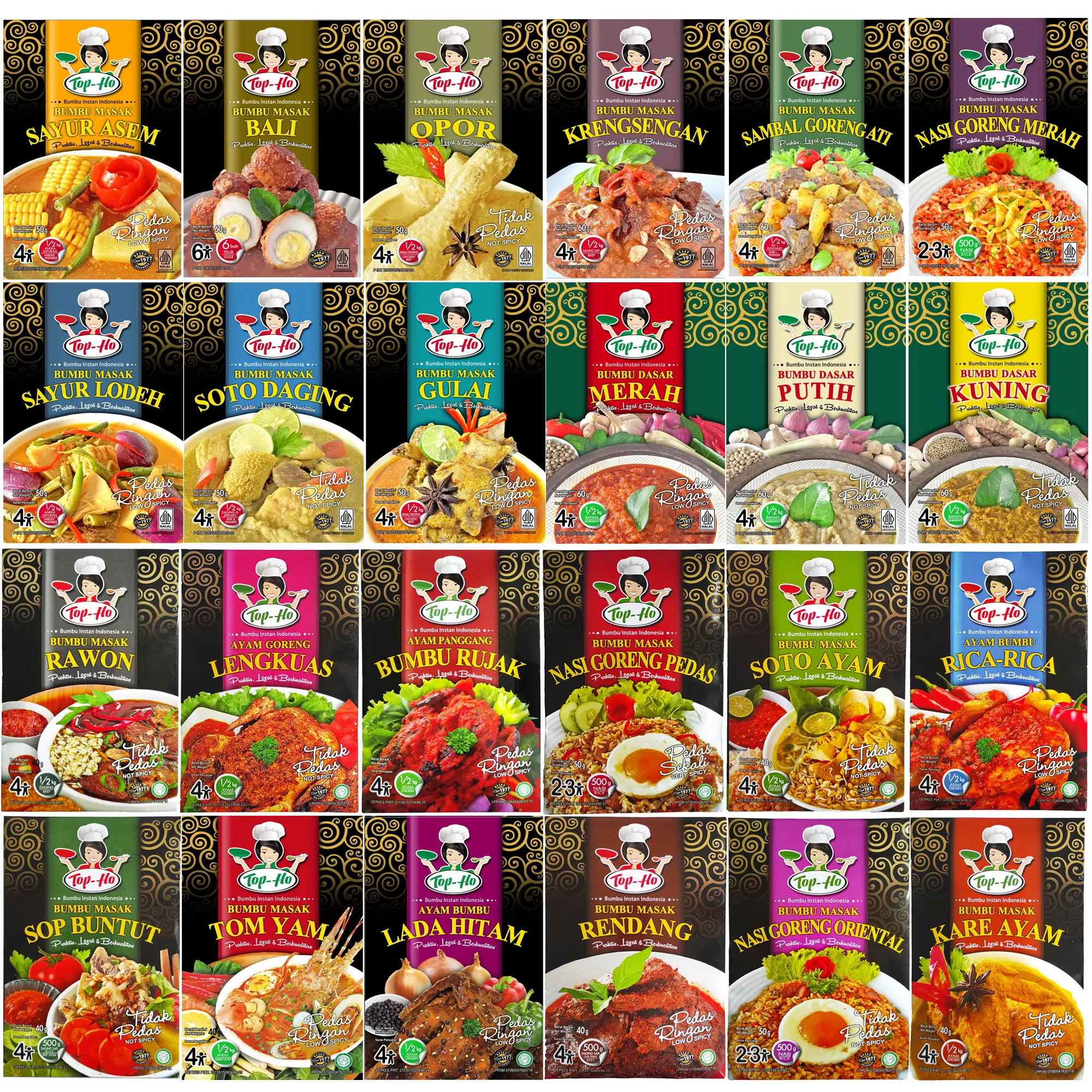 Aneka Bumbu Masak Top-Ho Kemasan Praktis (Ayam Goreng, Rawon, Soto, Opor, kare, Rica, Krensengan, Nasi GOreng, Rendang, Lodeh, Bali, Bumbu Dasar, Gulai, dll) Spices Bawang Pedas Instan Bawang