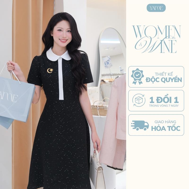 YAME - Váy Dài Thiết Kế Nữ Cổ Sen Dạ Tweed Kim Sa Chiết Eo Dáng Xòe Màu Đen Nhẹ Nhàng Thanh Lịch Công Sở Kèm Tag Biểu Tượng Latour YV768