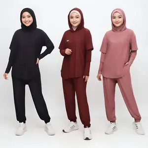 Azkadiena Setelan Jenita Set Baju Olahraga Wanita Muslimah Panjang Set Sporty spandex katun turkish baju olahraga muslim Celana Hoodie Jilbab