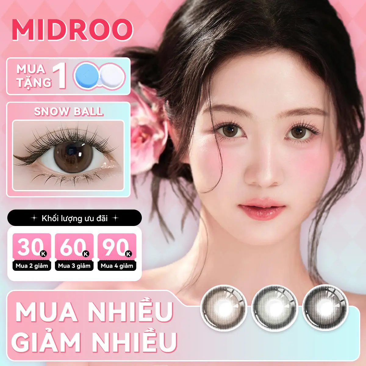[Mua nhiều giảm nhiều]Kính áp tròng Labonita Snow Ball Màu xám Hồng DIA 14.5mm lens cận 1 ngày có độ (0-6) 1 Cặp
