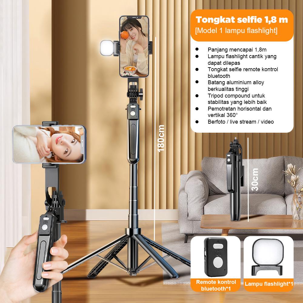 NEXID A17 4in1 Tongsis Tripod Bluetooth 1.8m dengan 4 Kaki Stainless Steel Fill Light & Remote Control 10M Cocok untuk Handphone Kamera S30