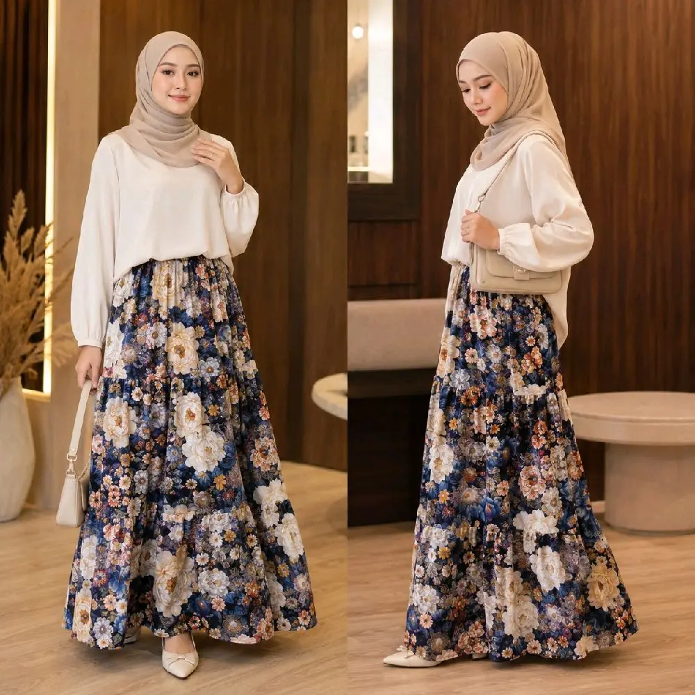 Rok Floral Wanita Premium Motif Bunga Aesthetic Flowy Nyaman untuk OOTD Hijab & Daily Wear dengan Pinggang Karet Super Nyaman Cantik