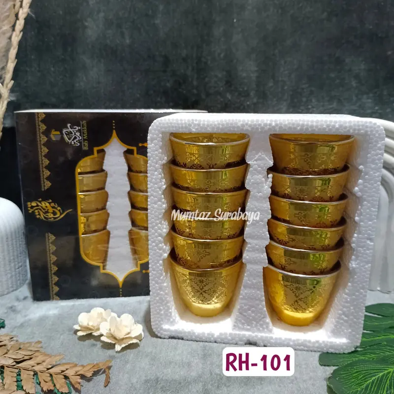 Gelas Air Zamzam GOLD Kaca Set 12 pcs Cucing Kabah Cucing Motif Gelas Cucing Air Zam Zam Gelas Gold Cucing Gold 3