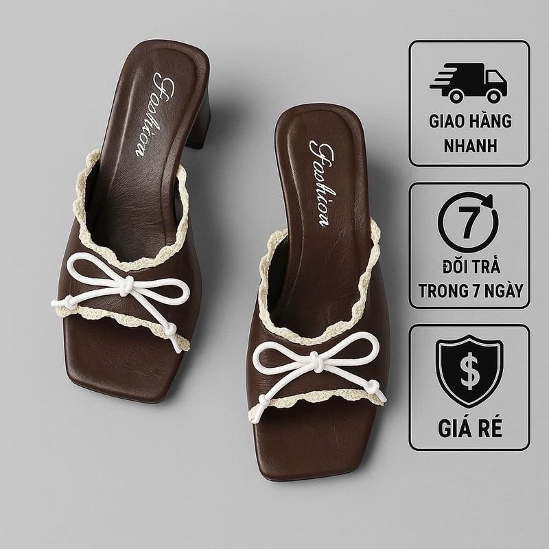 Hàng Mới về Guốc nữ quai nơ phối ren ,gót vuông cao 3 phân vững chắc Form Chuẩn da mềm êm chân