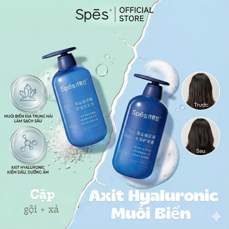  Dầu gội xả Axit Hyaluronic SPES muối biển kiềm dầu và làm sạch da đầu size 100 600ml 