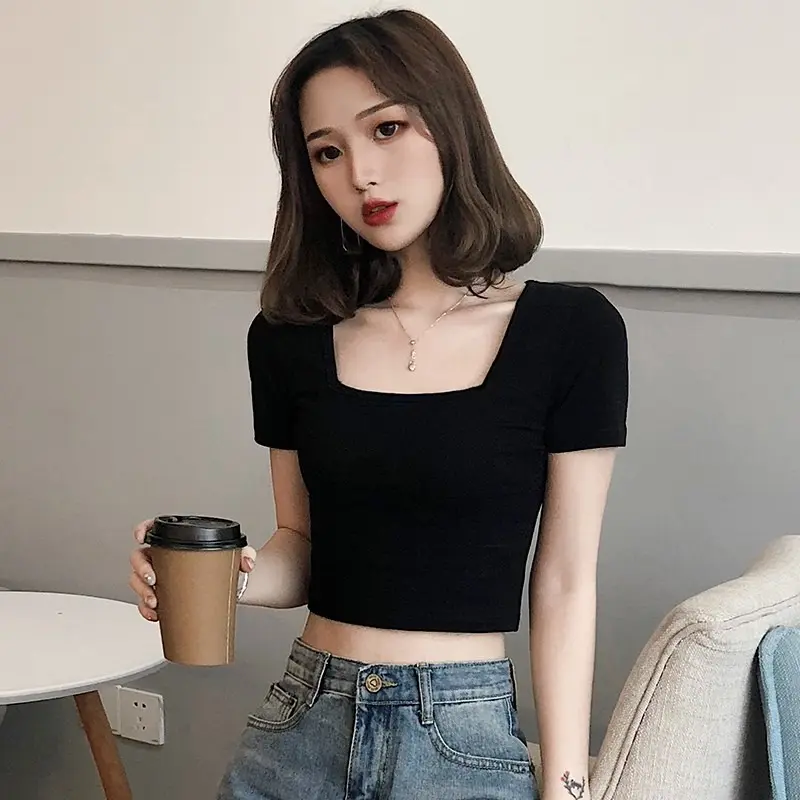 Black short-sleeved T-shirt women's summer square neck, tight short, high waist, niche crop top, small cotton