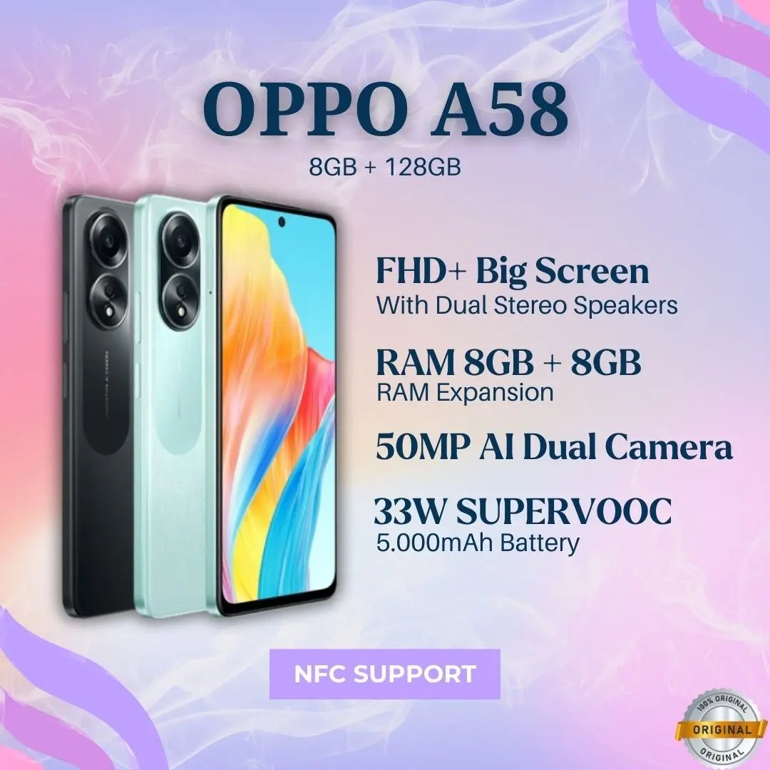 OPPO A58 NFC 8GB+128GB - Layar 6,72" FHD+ (2400×1080) - Kamera Belakang 50MP dan Kamera Depan 8MP - MediaTek Helio G85 - Baterai 5000mAh/19.55Wh - Color OS 13.1