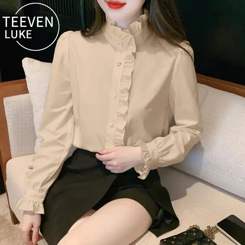 Áo Cánh Cổ Xếp Ly Lấy Cảm Hứng Từ Hoàng Gia, Phong Cách Sang Trọng Kiểu Pháp, Áo Nữ Độc Đáo Hàng Mới Về Mùa Xuân / Mùa Thu, Áo Sơ Mi Xếp Lớp 3
