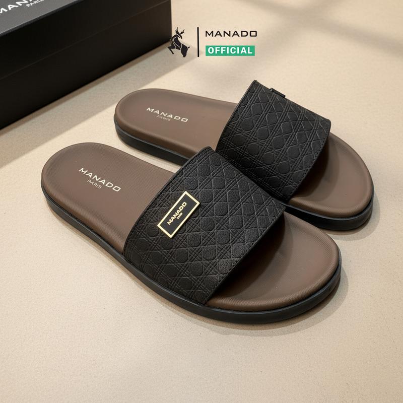 Dép da nam  MANADO kiểu quai ngang mã MND20 nâu đen, Dép lê nam chất liệu da dê cao cấp  mềm mại, đế cao su khâu chắc chắn fullbox thích hợp đi chơi, đi biển Slipper dép DéP Đế Bằng