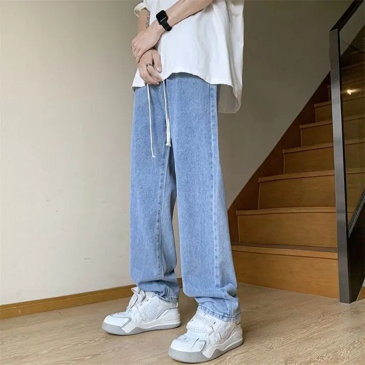 Celana jeans pria warna Medium Blue jeans pinggang karet Celana kulot pria oversize loose pants jeans serut panjang denim straight