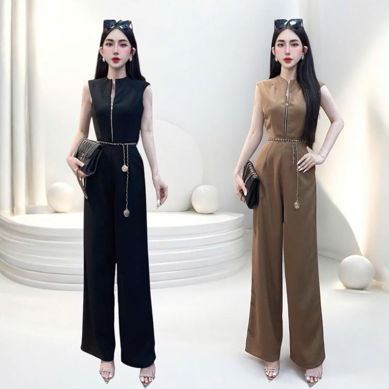 ( KHÔNG KÈM NỊT XÍCH ) Jumpsuit thiết kế CRAZYTEEN S6018 dành cho nữ kiểu tay ngắn dáng ống suông rộng sang chảnh để đi chơi ( Jumpsuit ống suông/ Dây nịt da ) jumpsuit
