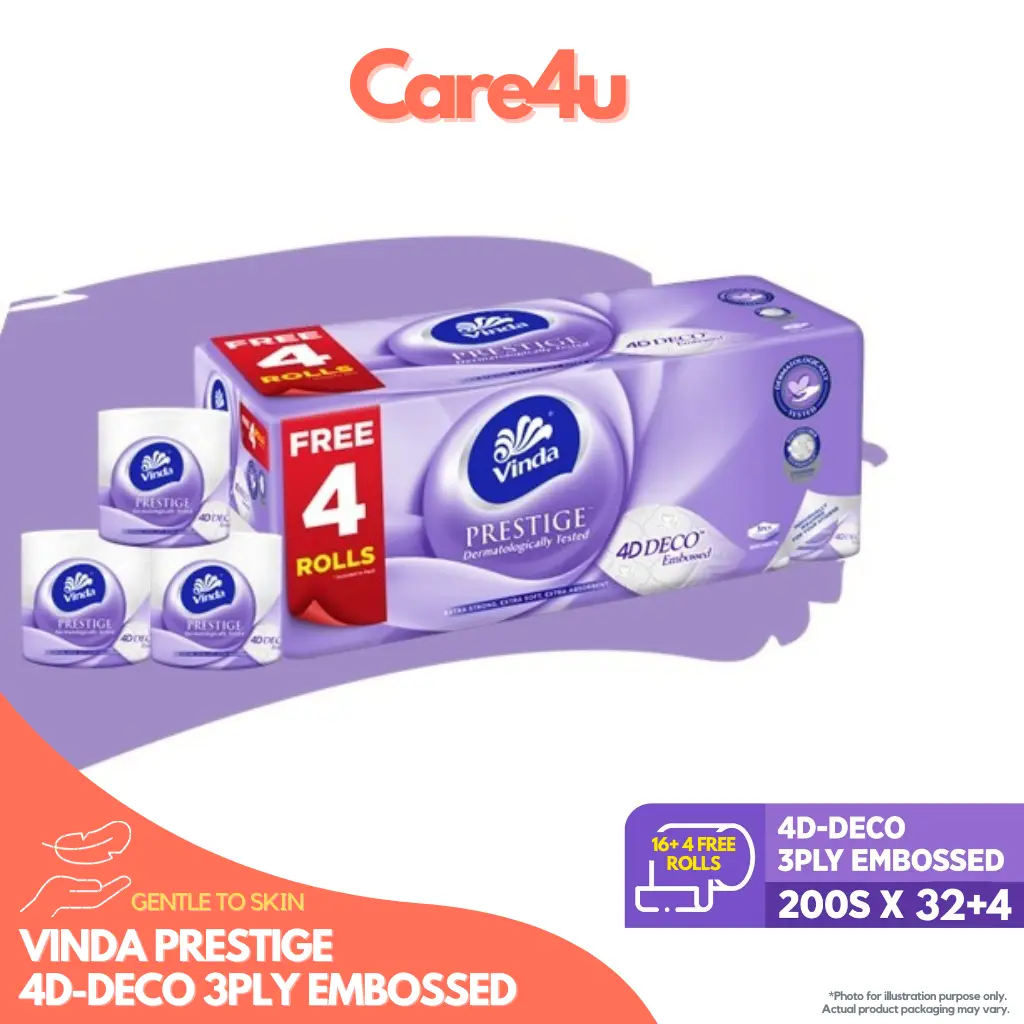 Vinda Prestige 4D-Deco Embossed Toilet Tissues: Skin-Friendly, 3ply, 200 Sheets, Soft & Strong toiletpaper Wood Pulp soft disposable toilet roll Wipes toilet paper & wipes toilet paper roll
